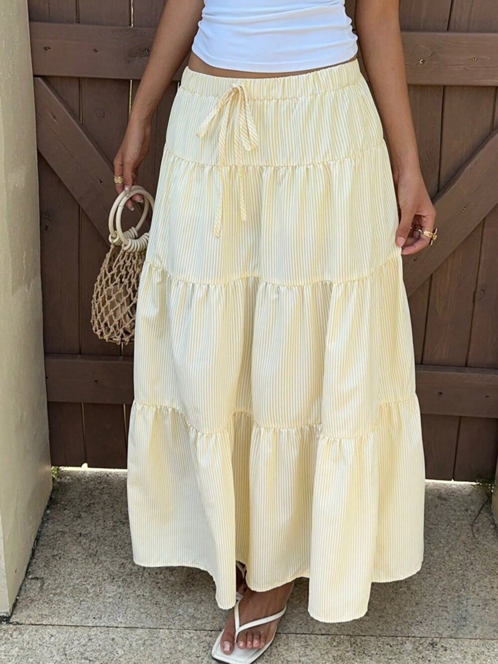 Yellow Casual Women's Butter Striped Long Skirt
